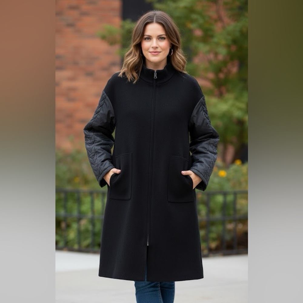 Strazzi Black Long Coat w Nylon Sleeves Zippered Collared Black XL new with tag